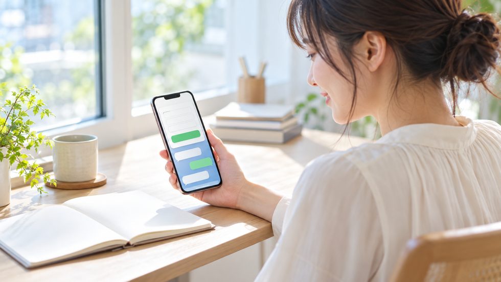 スマホで求人の応募フォームとLINEの相談画面を見ている手元