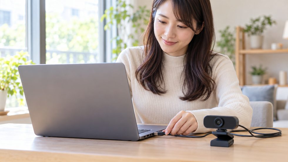 レンタルや購入したパソコンとWEBカメラを机に並べて設置するイメージ