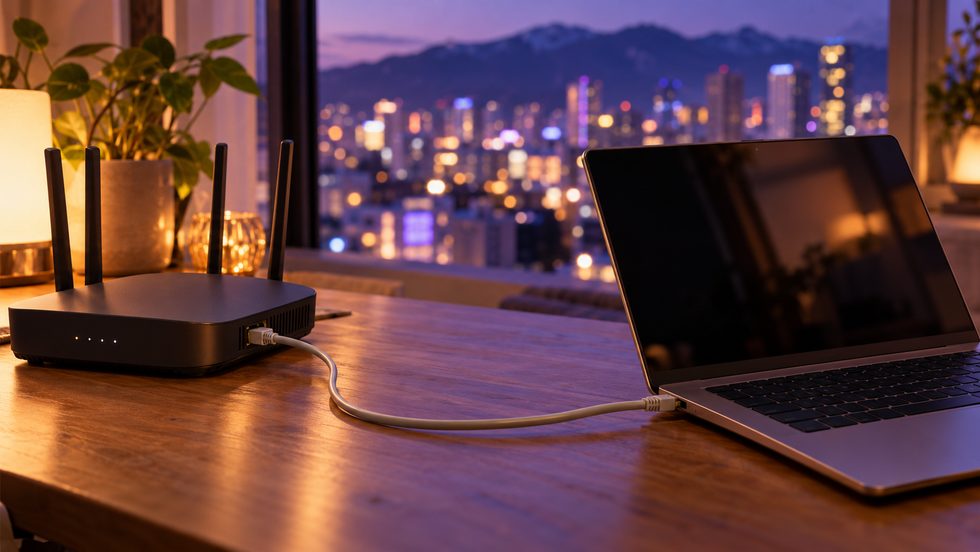在宅配信のネット回線：ルーターとLANケーブルをパソコンにつないだ机まわり
