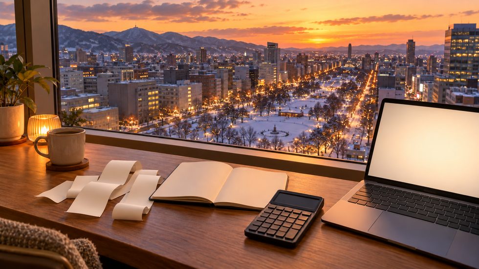 経費の領収書とノートを整理する机のイメージ（確定申告の準備）