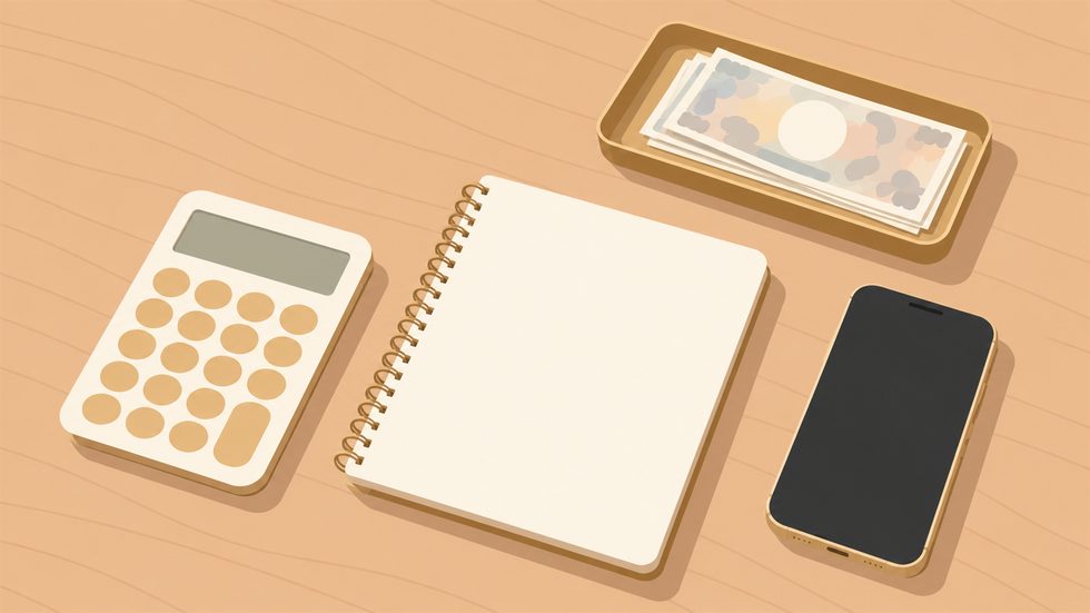 チャットレディの報酬を電卓とノートで計算している机の上
