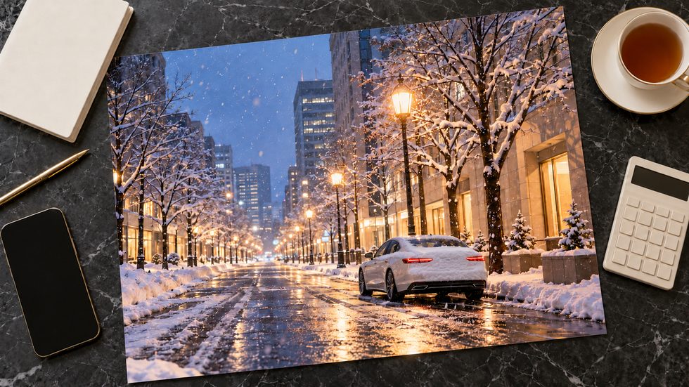 雪の夜の札幌の街並みと送迎車のイメージ