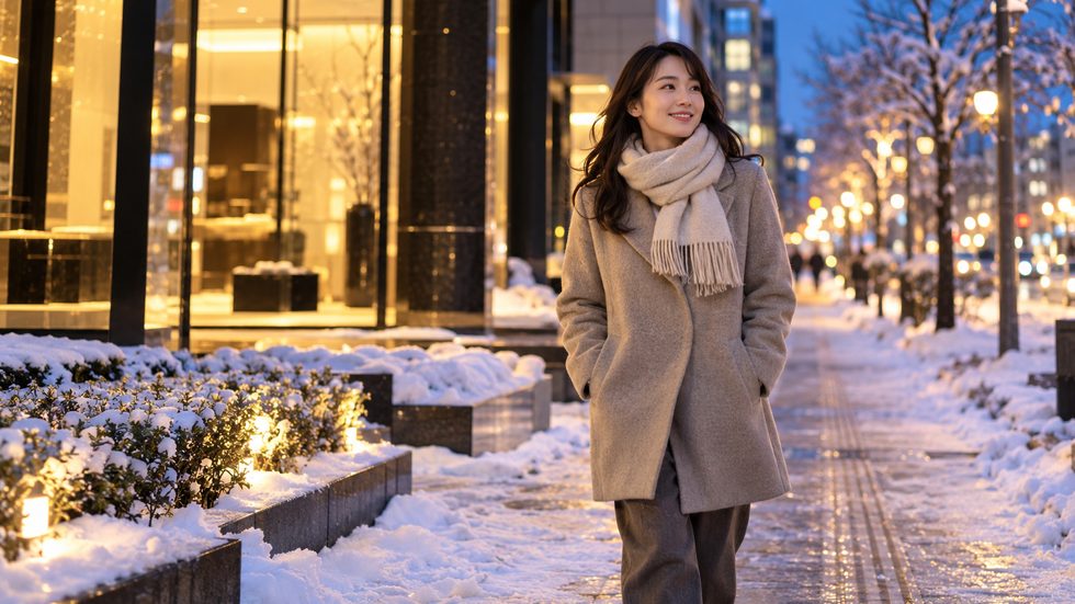 チャットレディが札幌の雪の夜道を通勤するイメージ