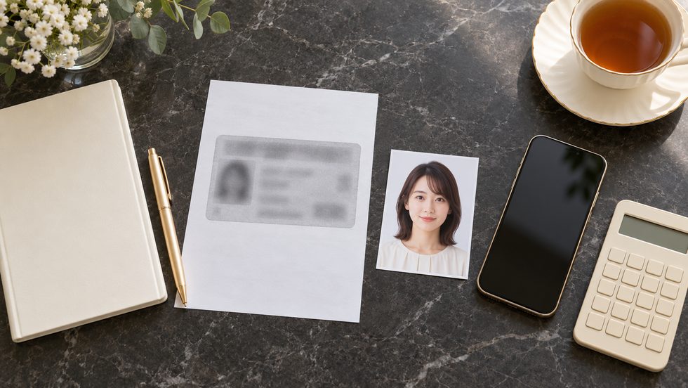 顔写真付き身分証のコピーと顔写真を並べた机の上のイメージ
