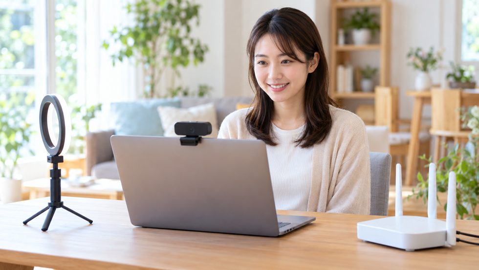 在宅チャットレディの機材(ノートパソコン・WEBカメラ・リングライト)の配置例