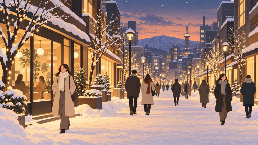 雪が降る夕方の札幌の街並み（通勤の風景のイメージ）