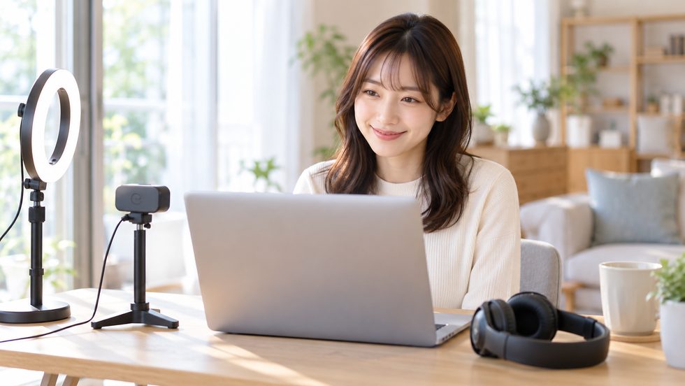 在宅チャットレディの配信環境（パソコン・WEBカメラ・リングライト）